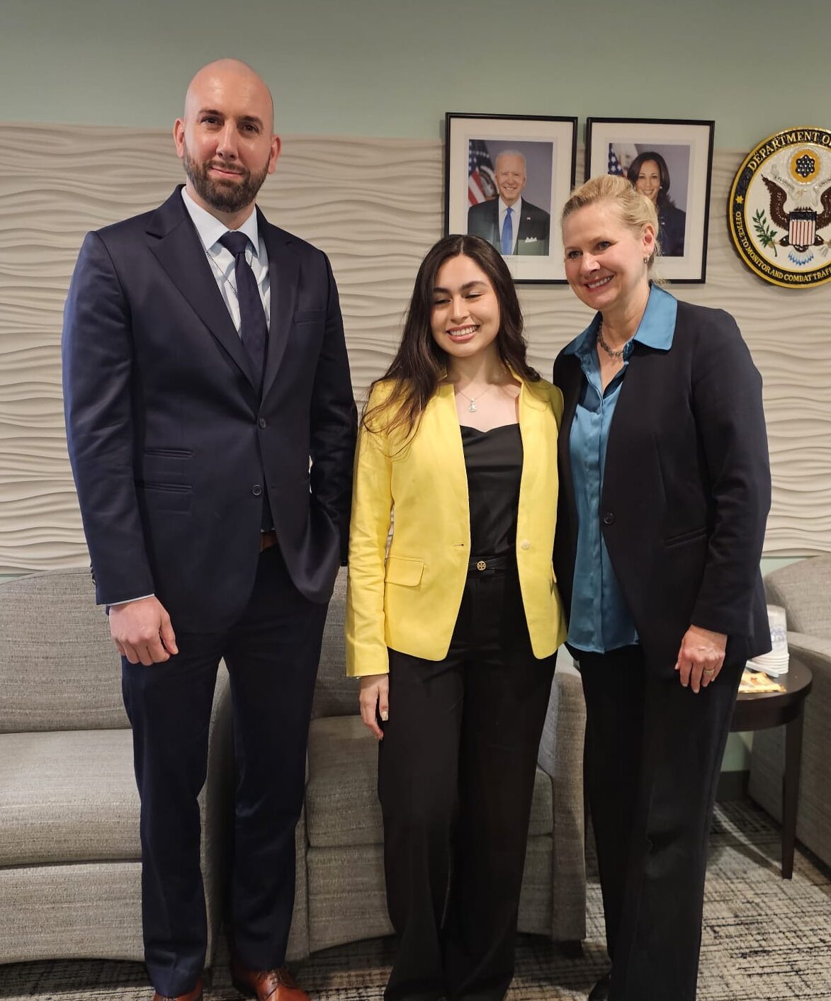 Fellow Denisse Amezquita is pictured at the State Department with Deputy Director Jonathan Turley and Amassador-at-Large Cindy Dyer.