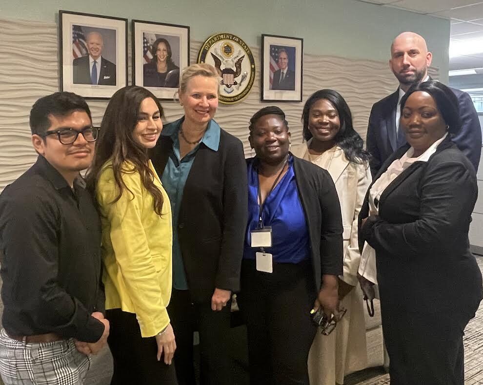 The Fellows visited the State Department Trafficking in Persons Office to discuss anti-trafficking advocacy. Pictured: Fellow Anthony Paco, Denisse Amezquita, Ambassador Cindy Dyer, Evelyn Chumbow, Grace N. Muwawa, Deputy Director Jonathan Turley, and Theresa Onya.