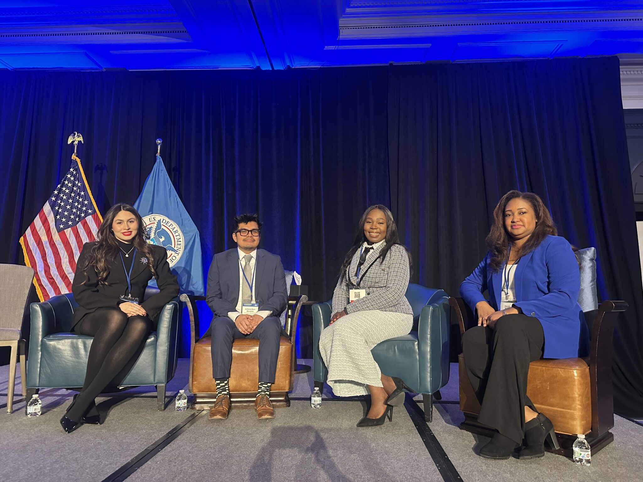 Four Harriet Tubman Fellows -- Denisse Amézquita Gamboa, Anthony Paco Bernaola, Grace Muwawa, & J. Samantha S. -- participated in a labor trafficking panel at the DHS Blue Campaign Symposium in January 2025. The Fellows shared their experiences and recommendations for a more victim-centered approach to ending trafficking.