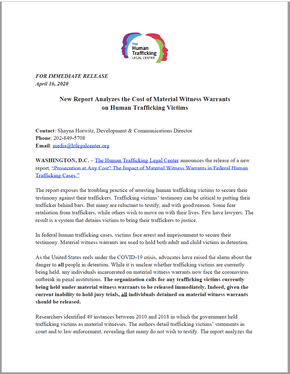 Press Release for Material Witness Report