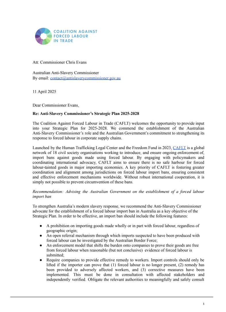 CAFLT’S Submission to the Australian Anti-Slavery Commissioner’s Call for Input on Strategic Plan 2025-2028